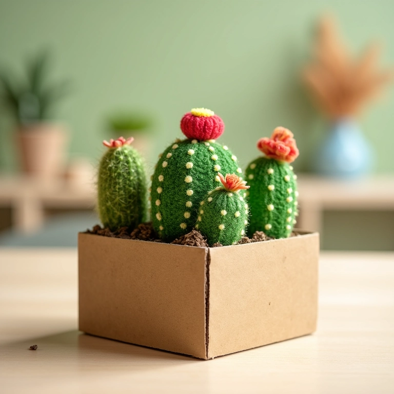 Cactos de crochê em caixa MDF organizadora.