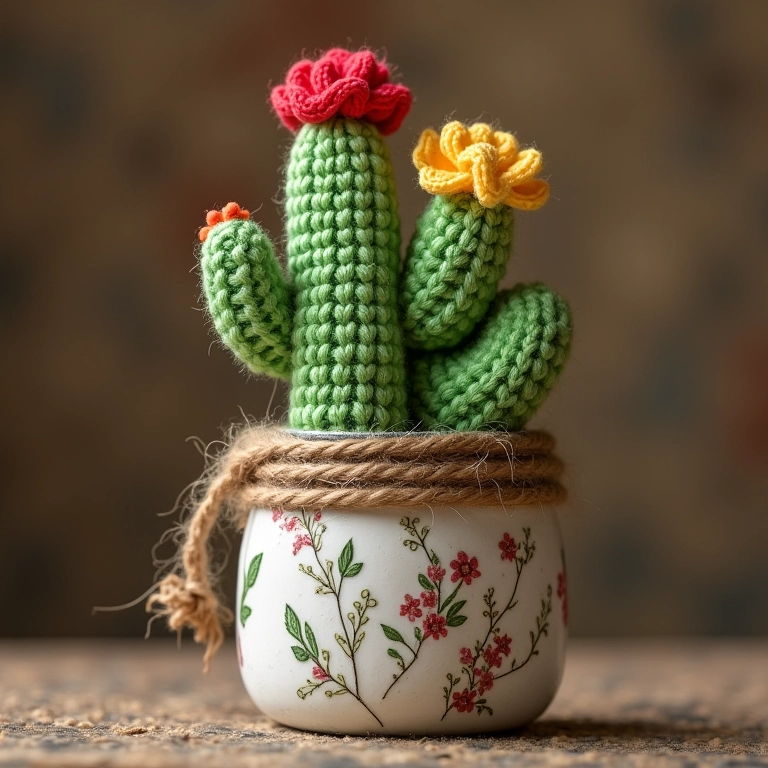 Cactos de crochê em vaso decorado com barbante.