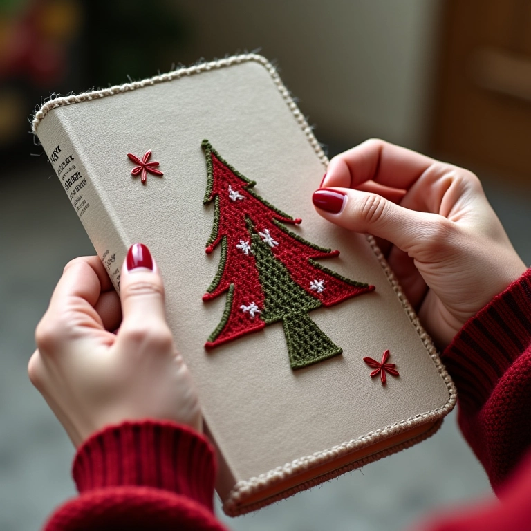 Caderninho artesanal com capa de crochê, com mãos de artesã finalizando um detalhe.