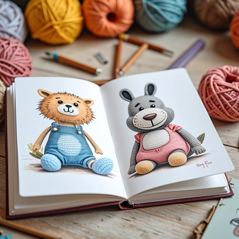 Caderno de esboços com designs de amigurumi e CDs.