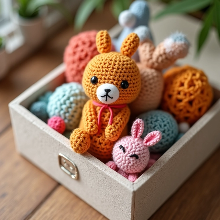 Caixa de amigurumi com divisórias internas.
