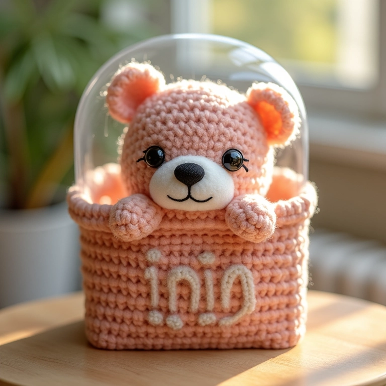 Caixa de amigurumi com visor transparente.