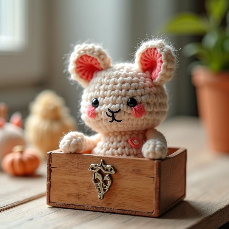 Caixa de amigurumi decorada com fotos em crochê.