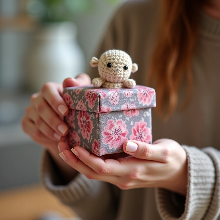 Caixa de amigurumi revestida com tecido floral.
