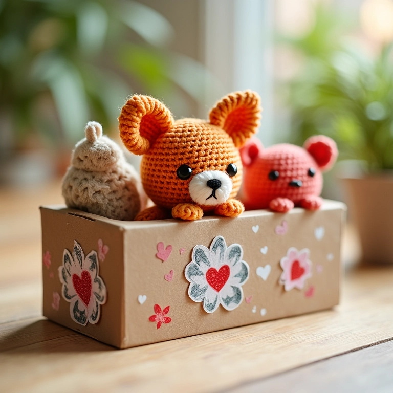 Caixa de MDF com adesivos vinílicos de amigurumi de crochê.