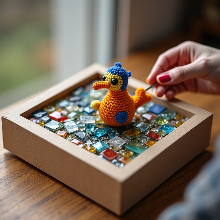 Caixa de MDF com mosaico de pastilhas e crochê.