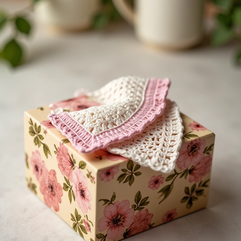 Caixa de MDF decorada com decoupage e guardanapos de crochê, padrão floral.