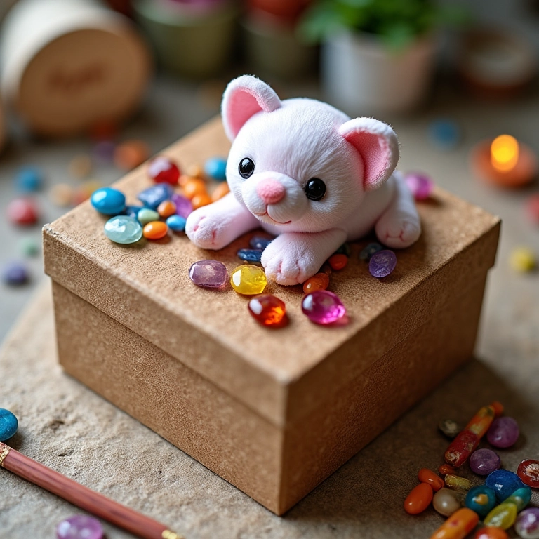 Caixa de MDF decorada com miçangas e pedrarias de amigurumi.