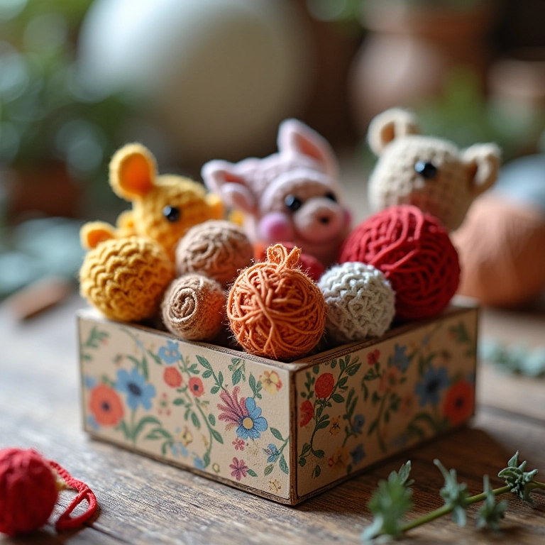 Caixa de MDF decorada com miniaturas de crochê, representando um ateliê artesanal.