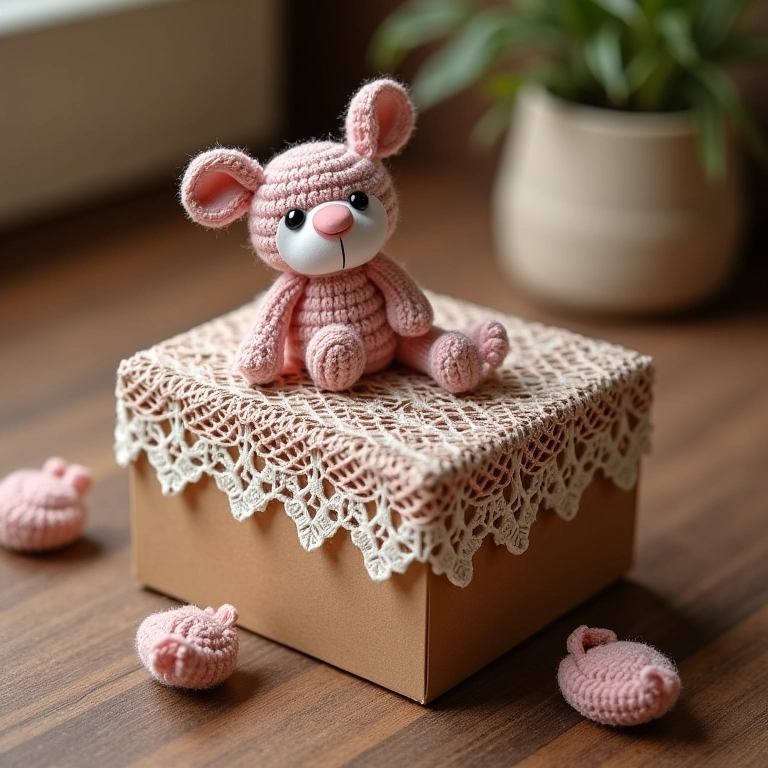 Caixa de MDF decorada com renda de crochê e fitas de amigurumi.