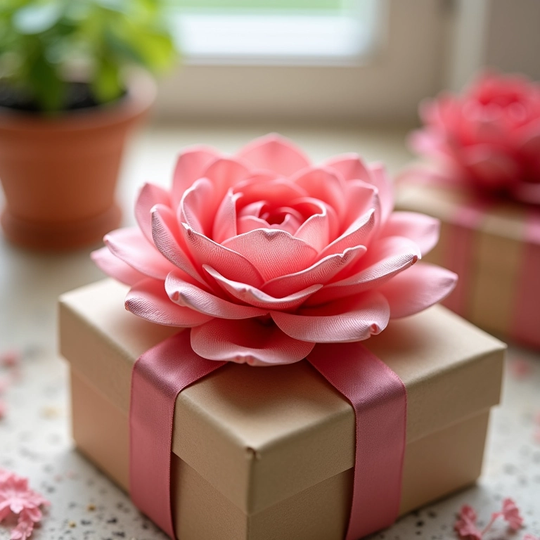 Caixa de presente украшенияda com flor de fita de cetim amigurumi.