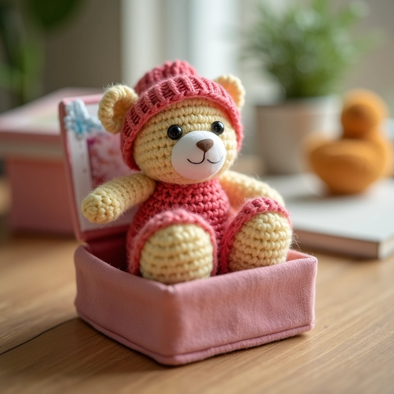 Caixa de sapato de amigurumi decorada para guardar fotos.