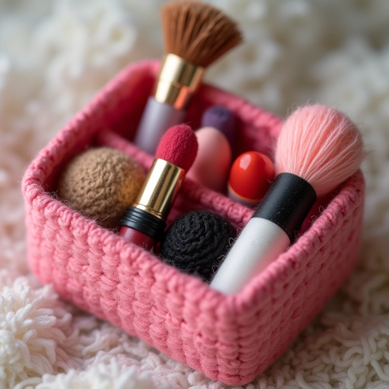 Caixa de sapato de amigurumi organizadora de maquiagem.