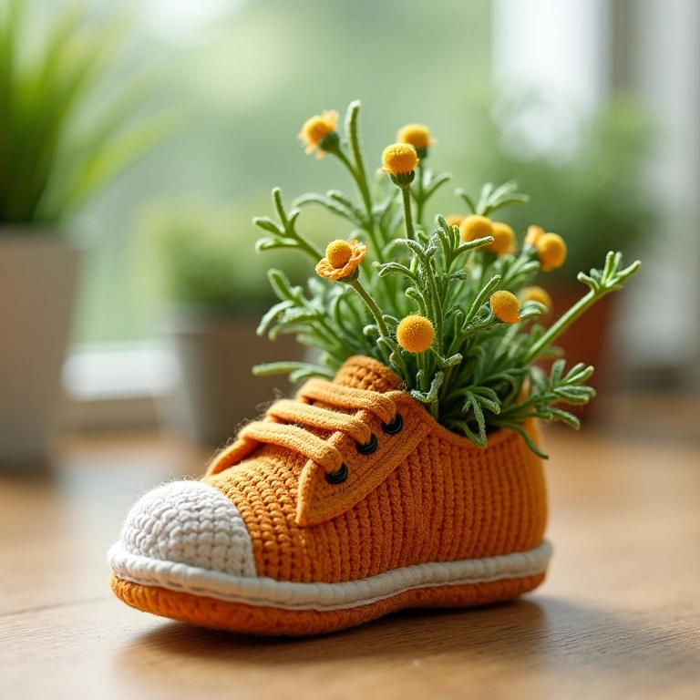 Caixa de sapato de amigurumi para criar um jardim vertical.