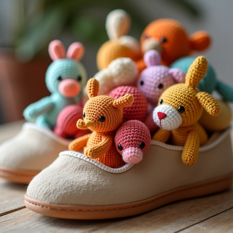 Caixa de sapato de amigurumi para guardar brinquedos.