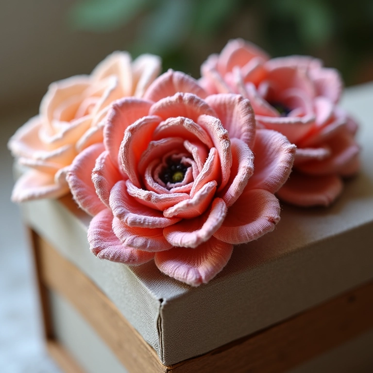 Caixa MDF com tecido e flores de crochê.