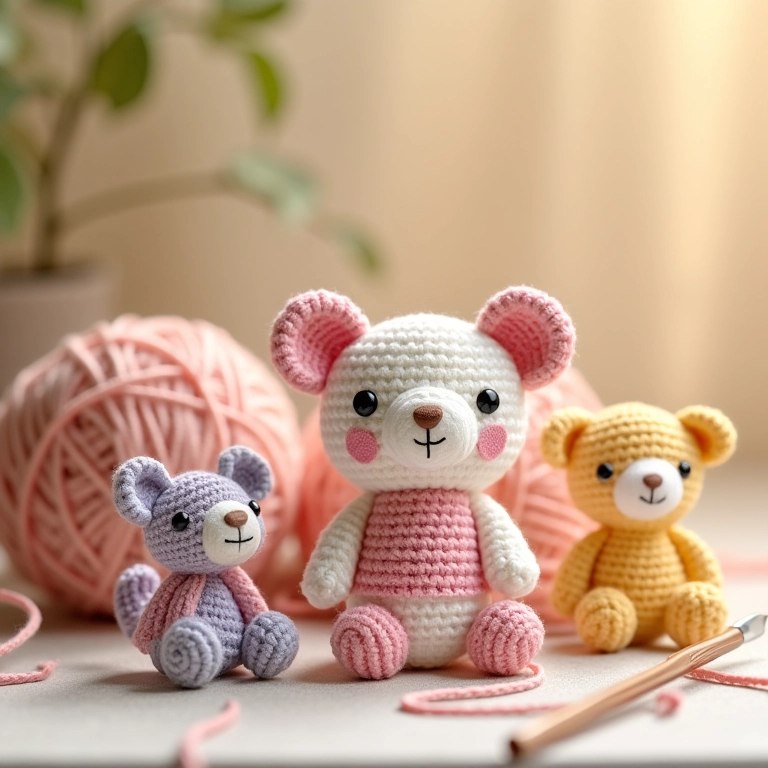 Caixas de amigurumi decoradas com crochê em tons pastel.