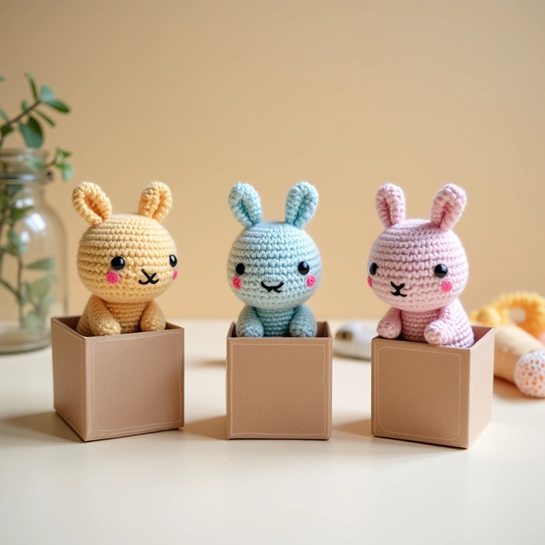 Caixas de papelão de amigurumi prontas para a montagem.