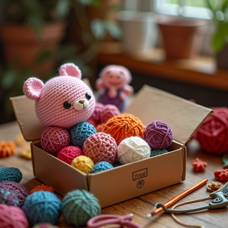 Caixas de sapato de amigurumi repletas de materiais de crochê.