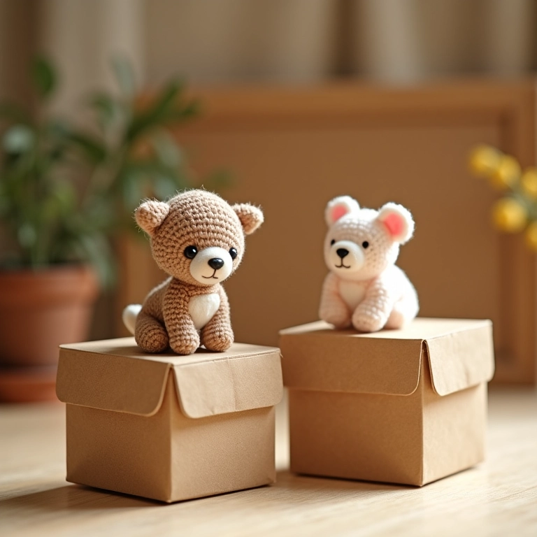 Caixinhas de MDF decoradas com miniaturas de animais em amigurumi.