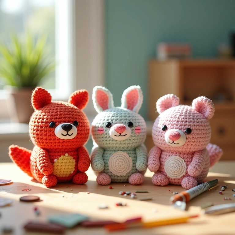 Caixinhas decoradas com amigurumi.