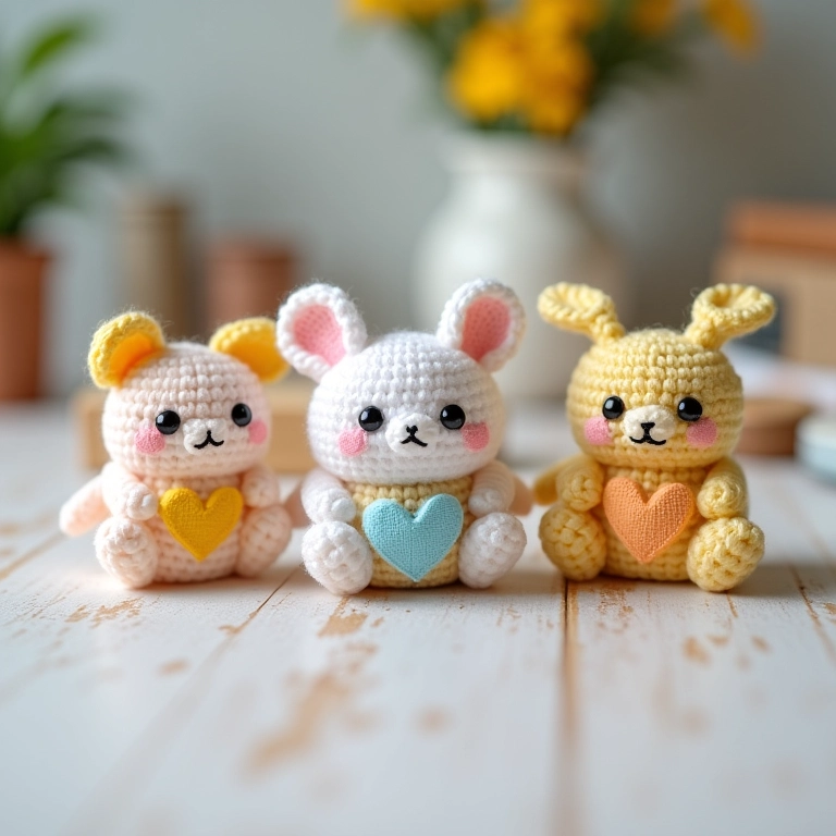 Caixinhas decoradas com biscuit de amigurumi para lembrancinha de batizado.