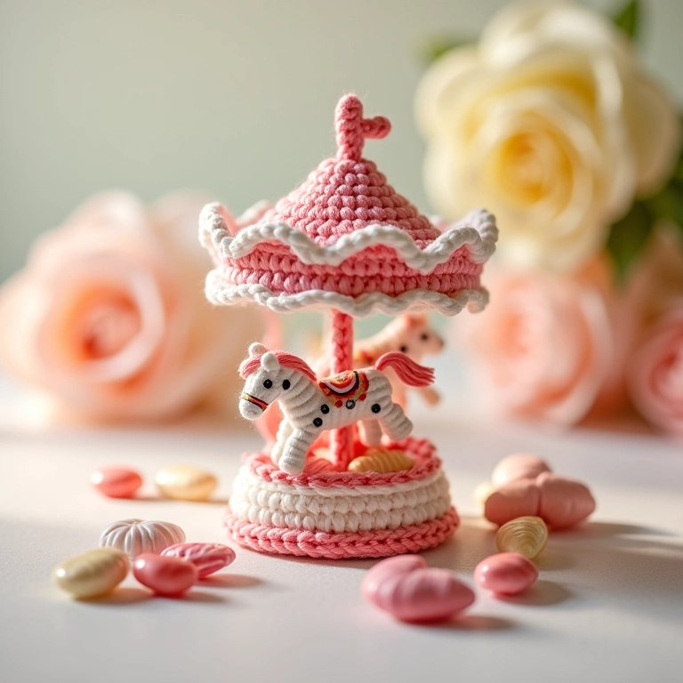 Caixinhas personalizadas com doces e amigurumi de carrossel.