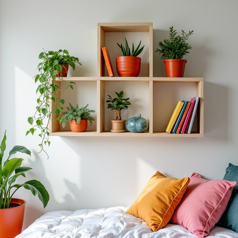 Caixotes de feira utilizados como nichos e prateleiras.