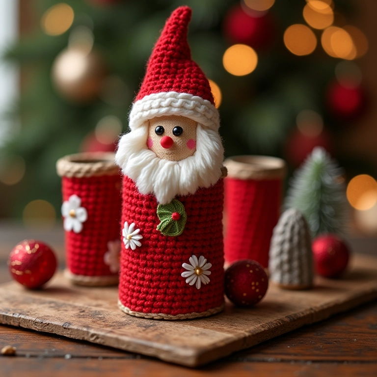 Calendário do advento de crochê feito com rolos de papel higiênico.
