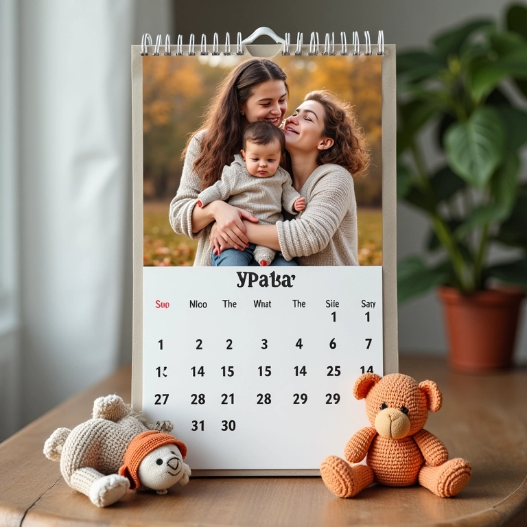 Calendário personalizado com fotos da família e detalhes em crochê.