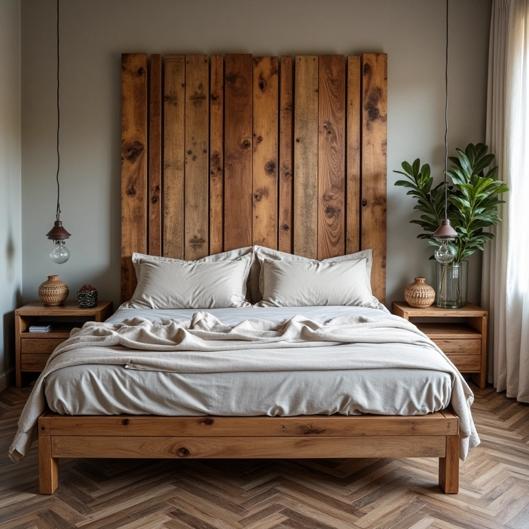 Cama com cabeceira feita de paletes de madeira reciclados.