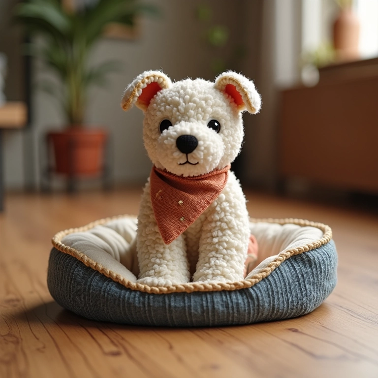 Cama para pets de amigurumi feita com bordas de crochê e camiseta velha reciclada.