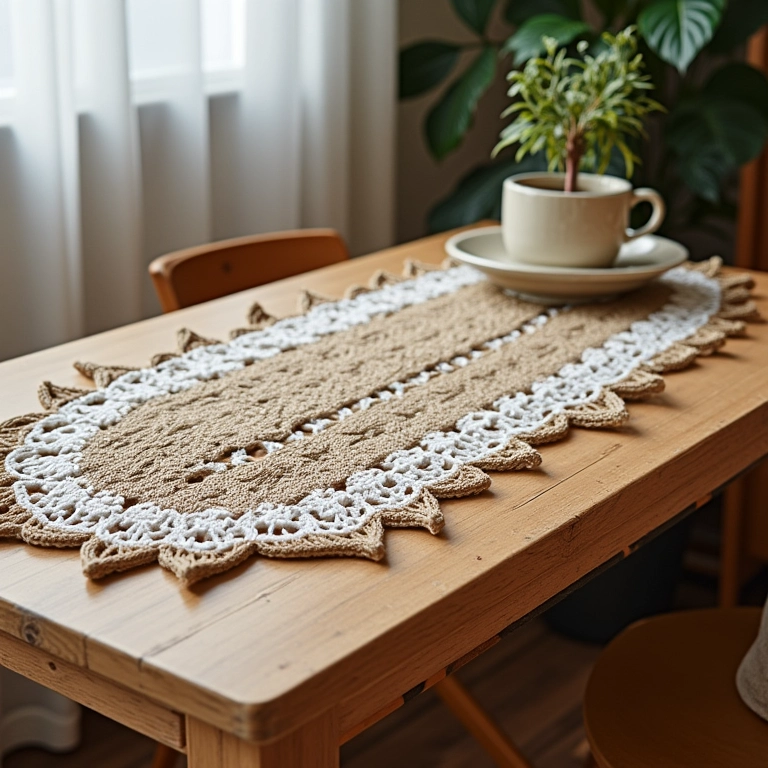 Caminho de mesa de crochê com juta, algodão e renda.