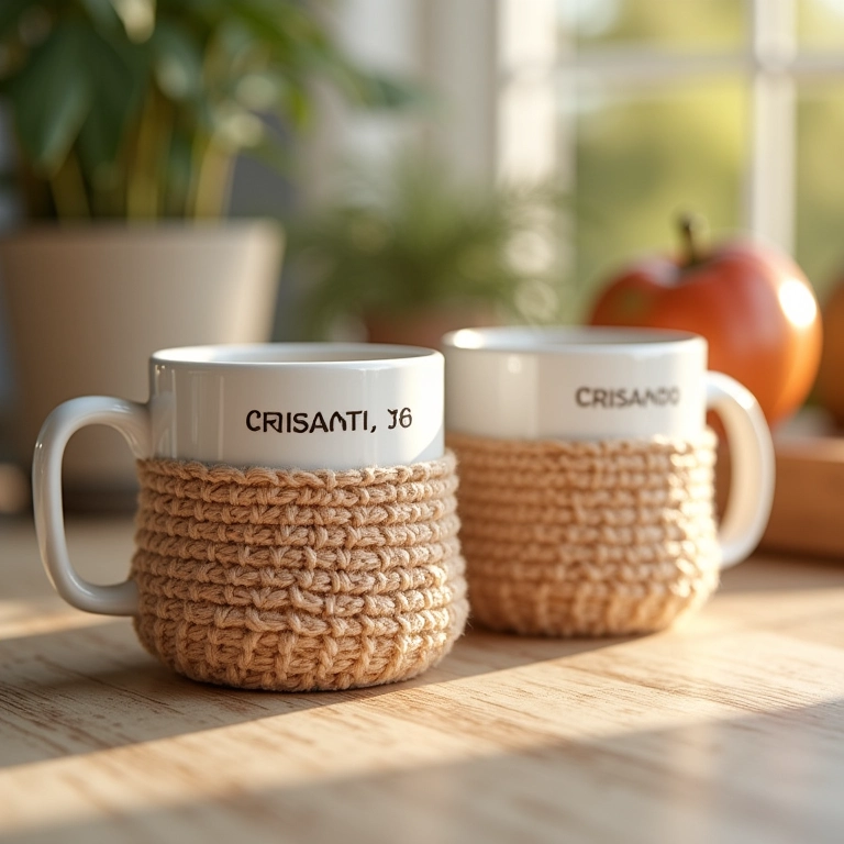 Canecas personalizadas de crochê com o nome do crismando para lembrancinha.