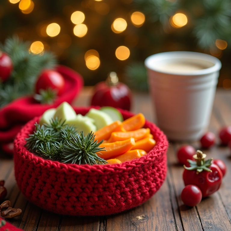 Capa de crochê para marmita saudável com tema de Natal, em um ambiente aconchegante.