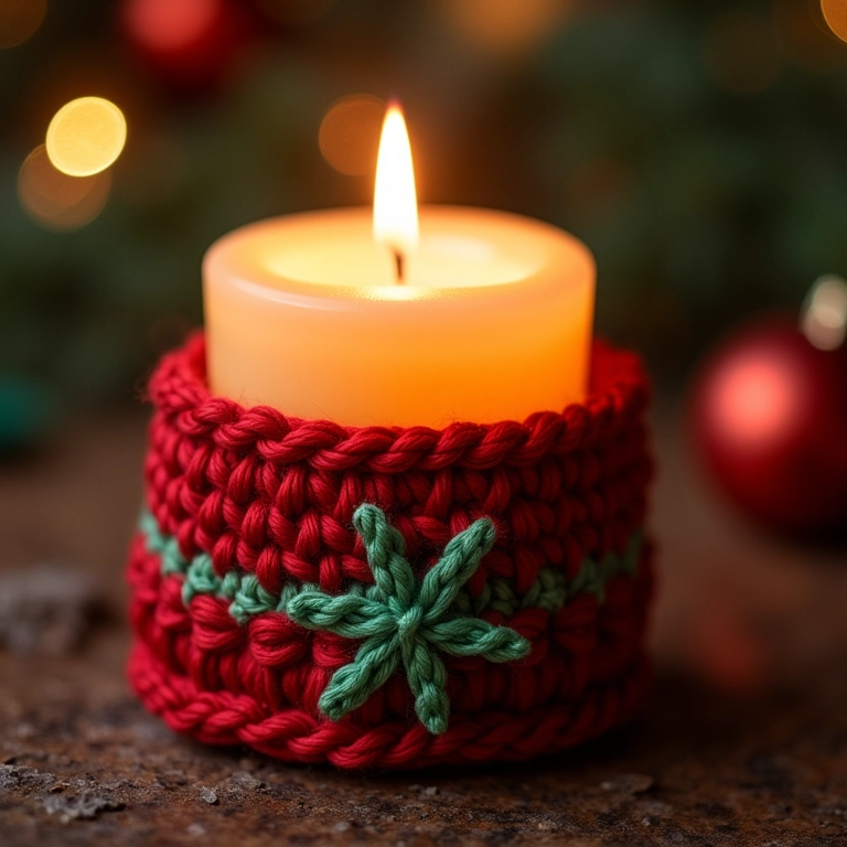 Capa de crochê para velas com tema natalino.