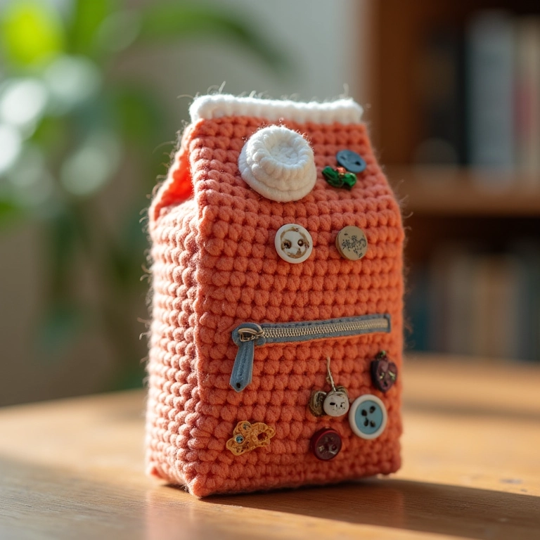 Carteira de caixa de leite em crochê com detalhes personalizados.