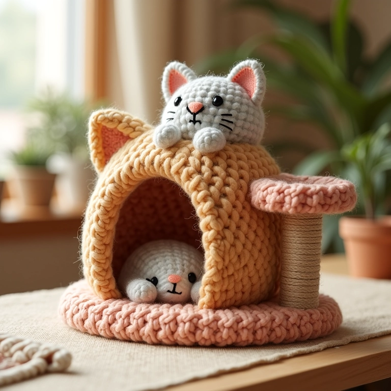 Casa de crochê para gatos com arranhador integrado.
