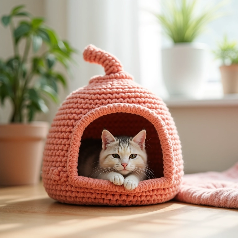 Casa de crochê para gatos com brinquedo de catnip.