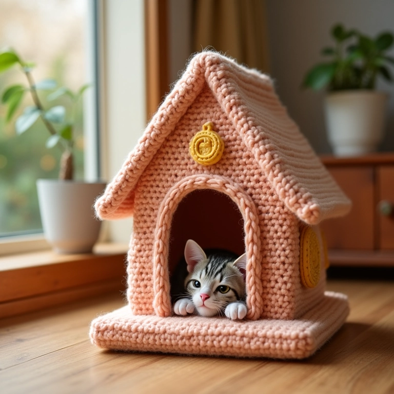 Casa de crochê para gatos com janela panorâmica.