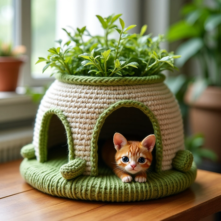 Casa de crochê para gatos com jardim vertical.