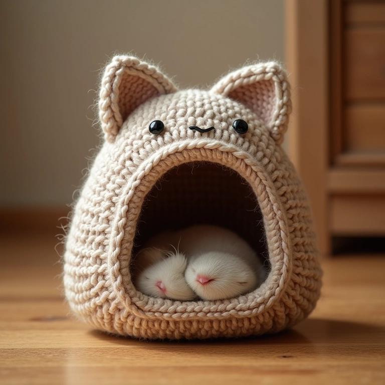 Casa de crochê para gatos com reforço interno em papelão.