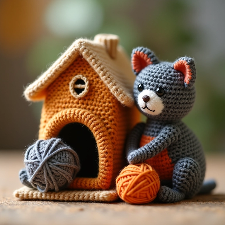 Casa de crochê para gatos com túnel secreto.