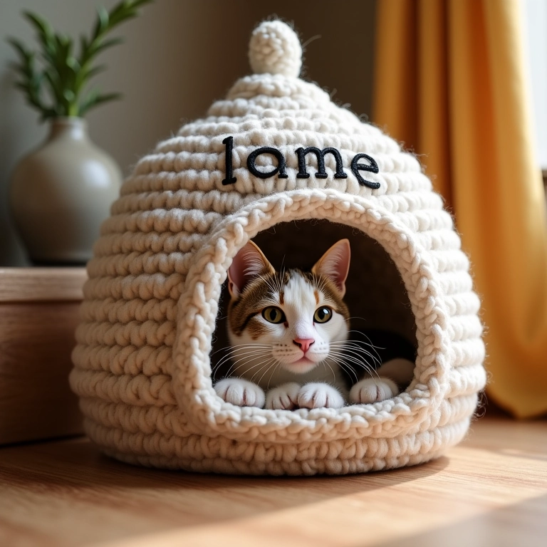 Casa de crochê personalizada com o nome do gato.