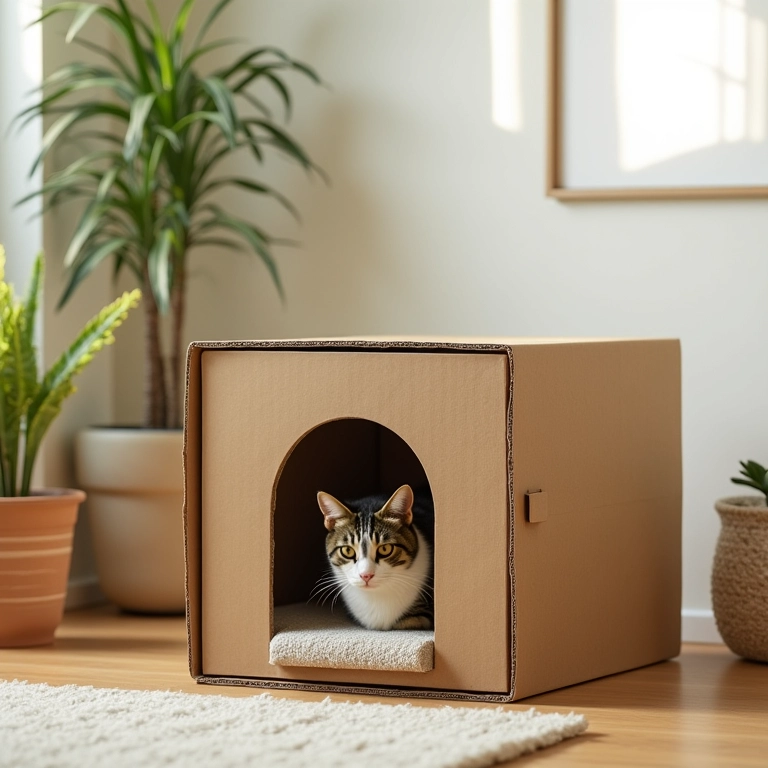 Casa de papelão para gatos: como fazer um abrigo Casa de papelão aconchegante para gatos em sala iluminada.