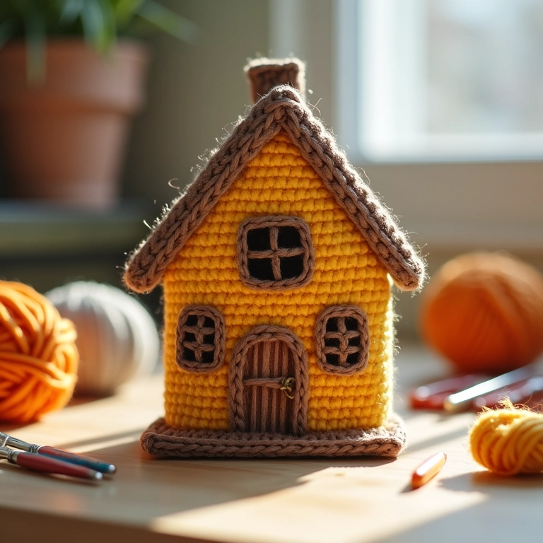 Casa de papelão para gatos feita de crochê, com detalhes realistas.