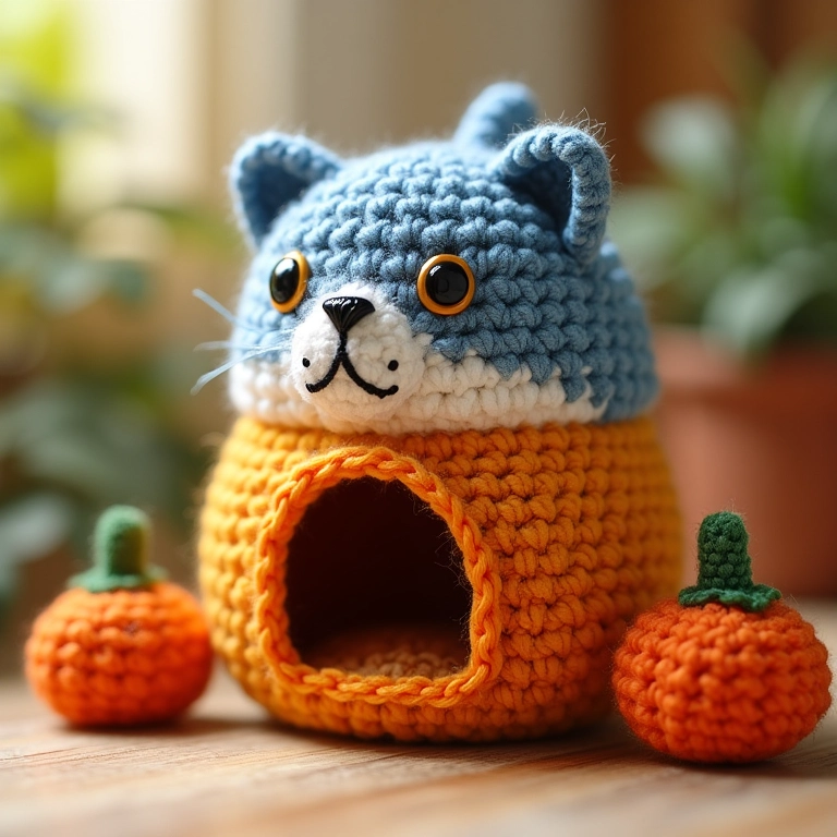 Casa temática para gatos feita de crochê (tubarão).