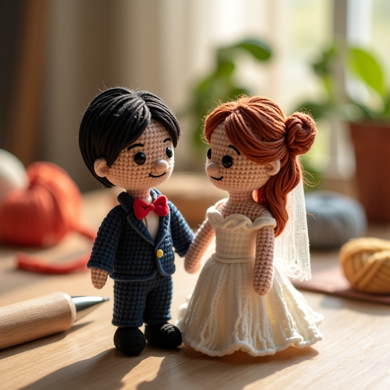 Casal de amigurumis no topo de bolo de casamento.
