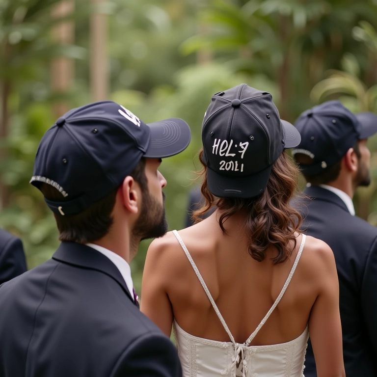Casal moderno em casamento usando bonés personalizados como um toque inesquecível.