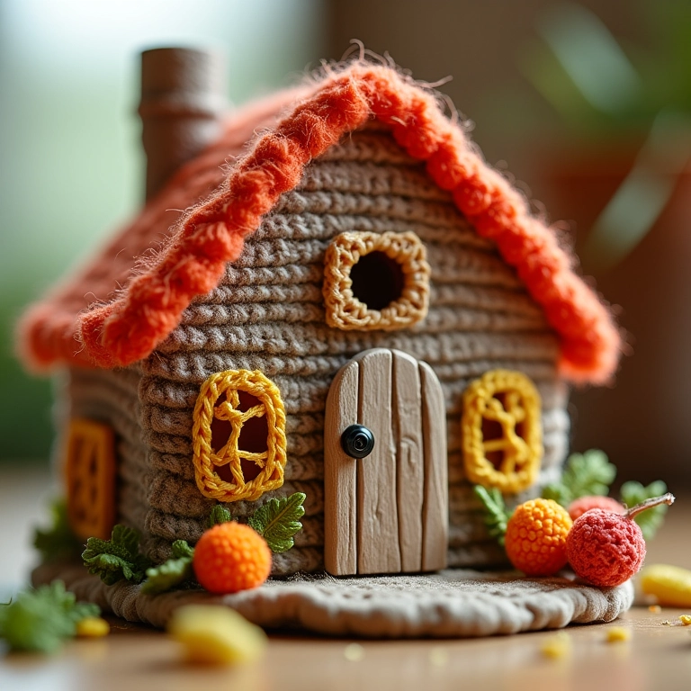 Casinha de amigurumi com porta e janela detalhadas.